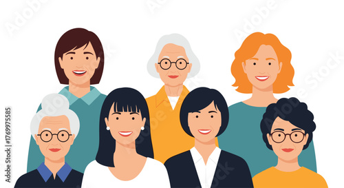 A diverse group of smiling women of different ages and ethnicities stand together, showcasing unity and confidence.