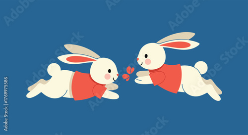Two adorable cartoon rabbits in red shirts playfully interact with a small red butterfly, symbolizing love and friendship against a serene blue background.
