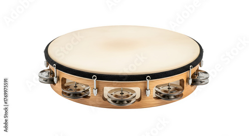 Wooden Tambourine with Metal Jingles Isolated on Black Background - Percussion Instrument for Music and Dance