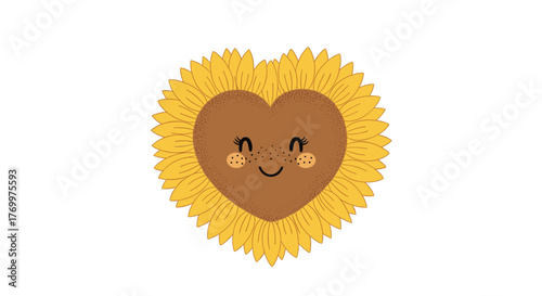 A delightful cartoon sunflower with a heart-shaped brown center, featuring a cute smiling face with rosy cheeks and freckles.