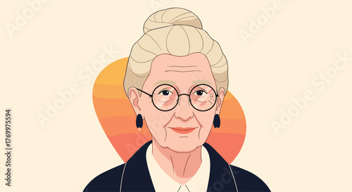 A kind and wise senior woman with elegant blonde hair in an updo and glasses smiles confidently in a professional vector portrait.