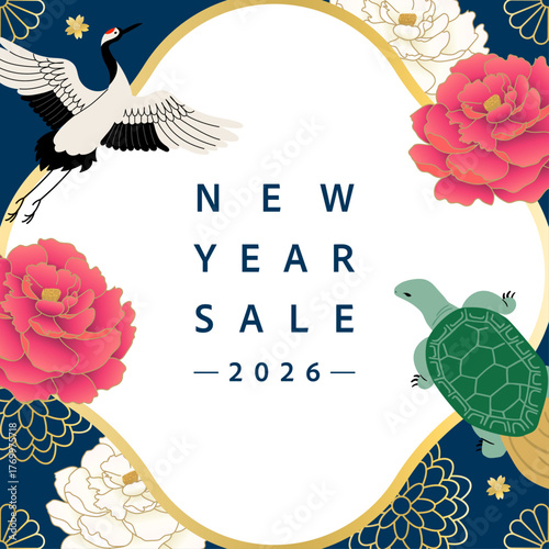 鶴と亀と牡丹のフレーム背景_紺色