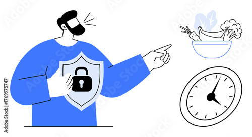 Man holding shield with lock symbol, pointing to bowl of fruits and vegetables near clock. Ideal for health, security, time, diet, wellness, lifestyle planning balanced living. Simple flat metaphor