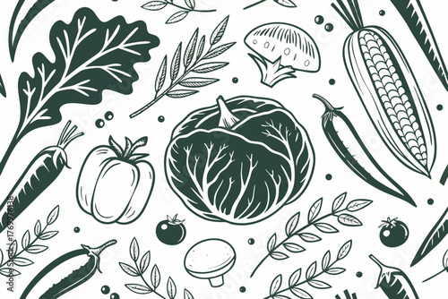 Background. Eat healthy. Vector vegetables icons. Seamless texture.
