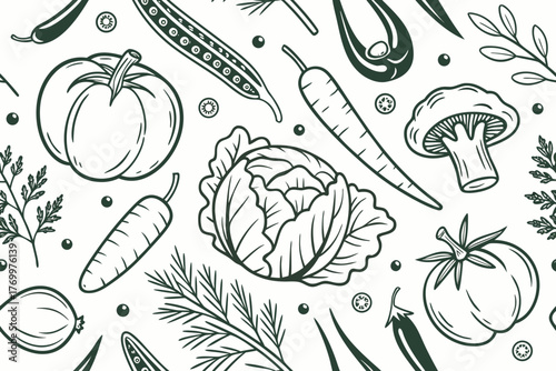 Background. Eat healthy. Vector vegetables icons. Seamless texture.