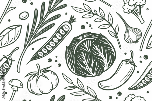 Background. Eat healthy. Vector vegetables icons. Seamless texture.