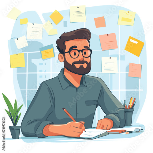 male employee write on colorful sticky notes develop business project in office, concentrated biracial man worker brainstorm engaged in creative thinking make startup plan