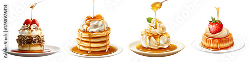 Syrup drizzle – A drizzle of syrup typically golden or maple over desserts. Isolated on Clear White Background Highly Detailed 