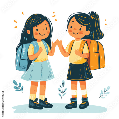 School kids friends. Cute happy girls children mates meeting, greeting with hi gesture. Hand drawn style vector design illustrations.   , vector style simple color
