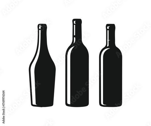 Set of Three Black Wine Bottle Silhouettes Vector Icons