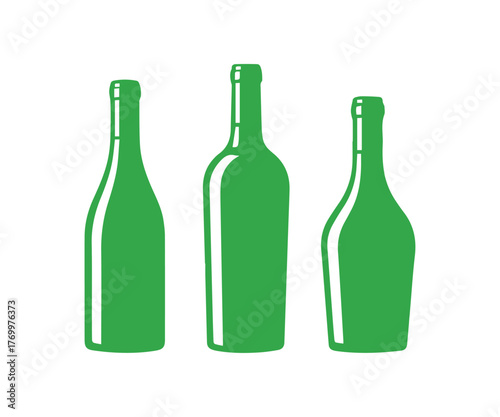 Set of Three Green Wine Bottle Silhouettes Vector Icons