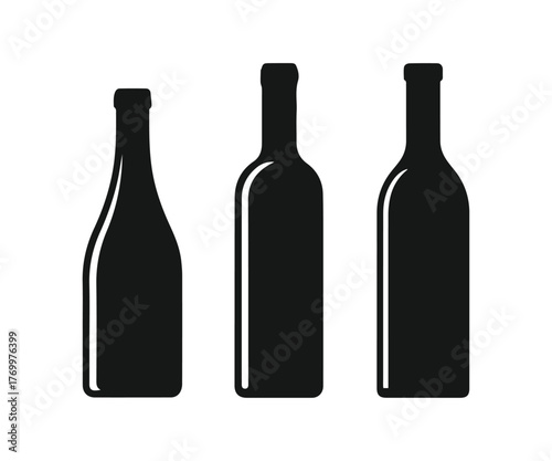 Set of Three Black Wine Bottle Silhouettes Vector Icons