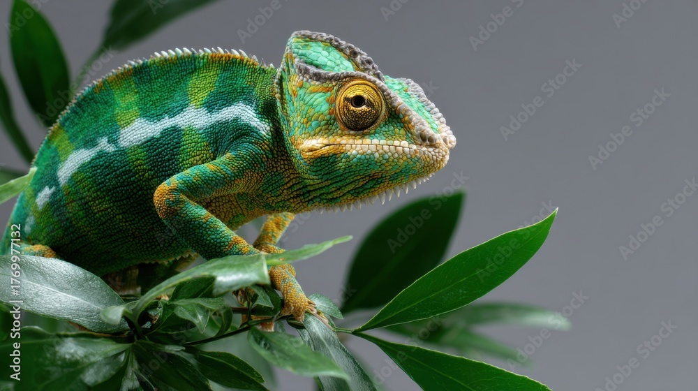 Obraz premium Vibrant Chameleon Perched on Leaves Against a Soft Gray Background