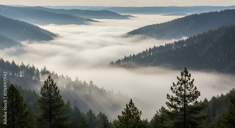 Obraz premium Foggy mountain landscape scenic view forest trees nature travel outdoor adventure beautiful morning sunrise sky