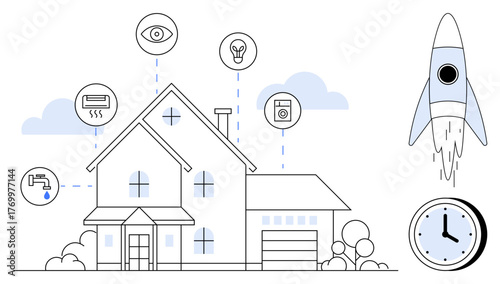 Connected smart home highlighting automation control for appliances, energy, and security alongside innovation symbols thumbs up a clock and rocket. Ideal for technology, efficiency, innovation