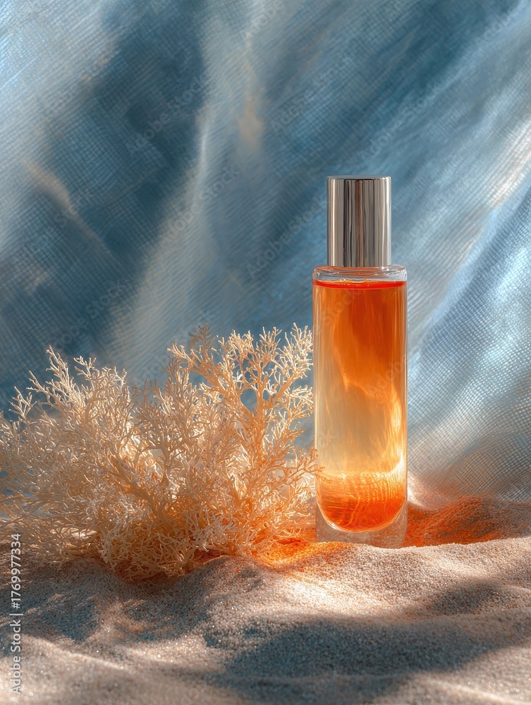 Fototapeta premium Essence Bottle Beside Coral on Sand with Blue Light Reflection