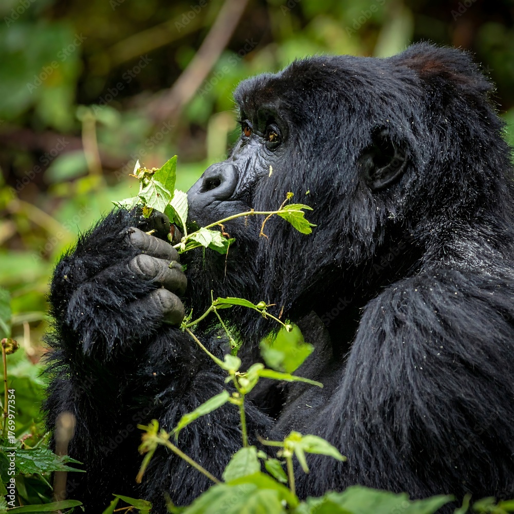 Obraz premium A close-up captures a gorilla eating leaves in a lush, green environment