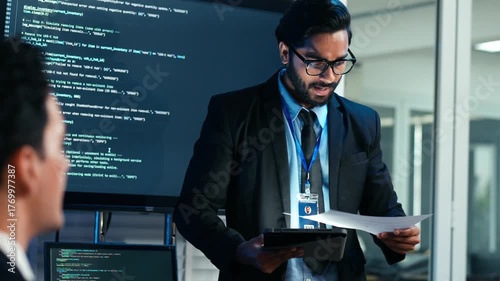 Indian business analyst is presenting complex software code and user experience data on a screen. Technical leadership, collaborative strategy, and successful project analysis with a corporate team