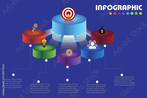 Modern 3D isometric infographic template. Business presentation design with 5 steps or options leading to a central target or goal. Vector diagram with colorful icons.
