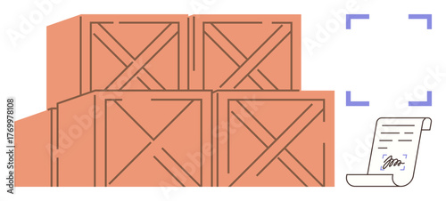 Stacked wooden crates with a signed contract document under a scanning frame. Ideal for shipping, logistics, storage, inventory, supply chain, agreements, and trade concepts. A simple flat metaphor