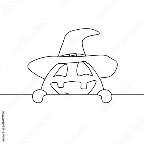 Outline for Coloring of Halloween pumpkin funny and cute peeks out behind the wall. One of the symbols of the autumn holiday. Vector Illustration.