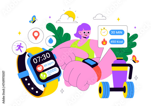 Smart Wearable Fitness Band Vector Illustration Featuring Smartwatch Tracker With Multimedia Apps For Lifestyle, Work, And Heart Rate Monitoring