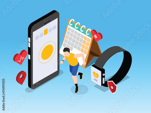Mobile Health and Fitness Tracking App Concept 3d isometric vector illustration