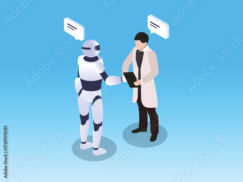 Human-Robot Collaboration and Future Partnership 3d isometric vector illustration