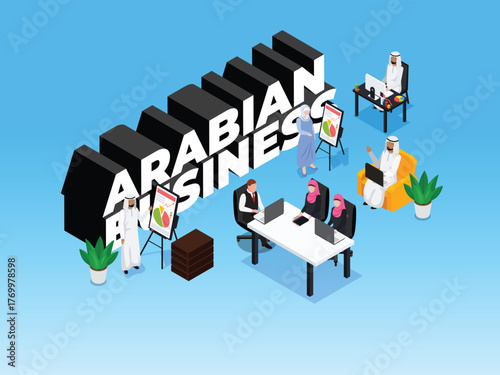 Middle Eastern Businesspeople in Traditional Dress Working and Meeting in an Office 3d isometric vector illustration