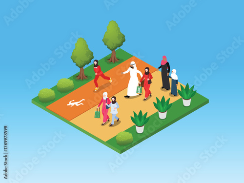 Muslim and Middle Eastern People Outdoor Activities and Lifestyle 3d isometric vector illustration
