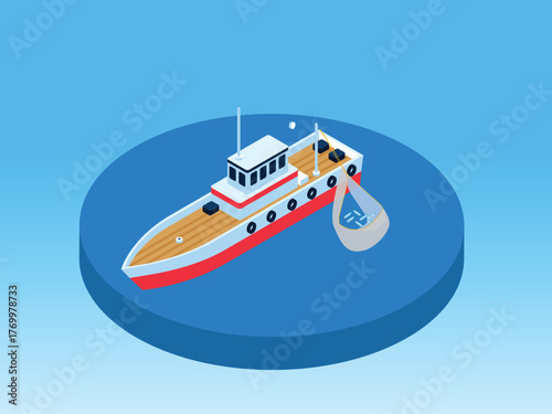 Commercial Fishing Trawler and Sustainable Seafood Concept 3d isometric vector illustration