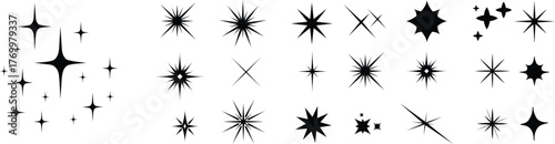 Sparkle Icons set, Sparkles, stars and bursts icons, twinkling stars. Vector set of different black sparkles icons on transparent background. Vector illustration ,glitter, twinkling and clean. Star sp