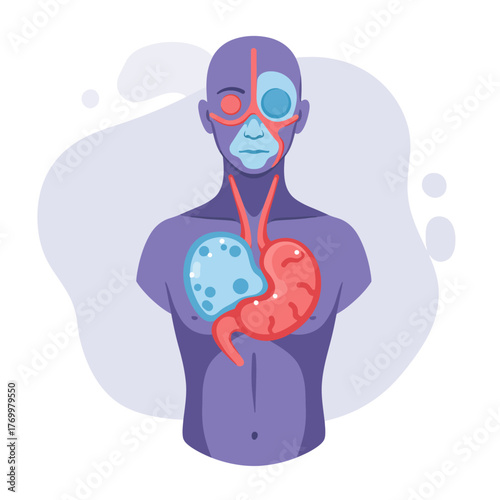 Medical illustration depicting a human body with internal organ pathology and contrasting facial symptoms.