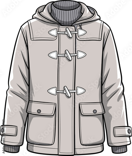 Duffle coat fashion illustration with toggle closures, winter outerwear flat drawing with hood and pockets, cad drawing flat vector illustration