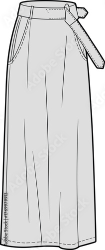 Long skirt technical sketch, fashion cad drawing, belted waist design, side pocket detail, vertical seam garment, ankle length vector template