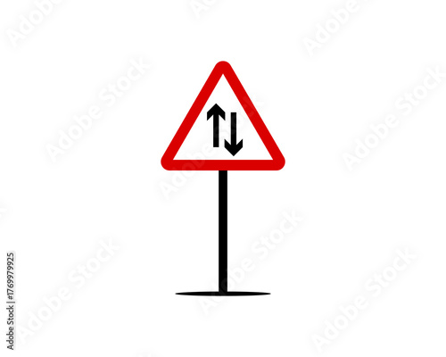 A warning sign indicating the start of a section of two-way traffic or that the road ahead changes from a one-way to a two-way system