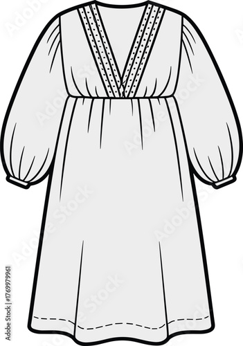 Long sleeve dress technical sketch, deep V-neck fashion cad drawing, lace trim detail, cinched waist design, flowing skirt vector template