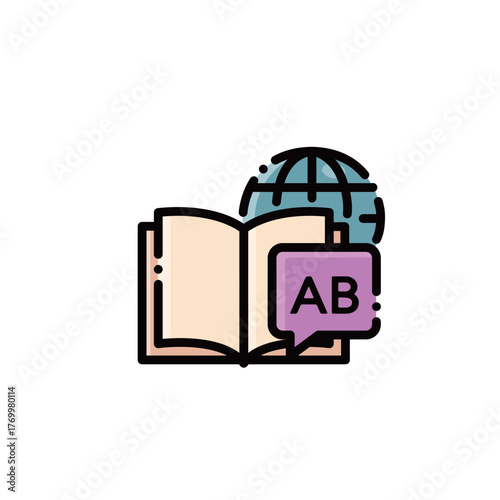 This image symbolizes language learning and translation with book, globe, and labels. Ideal for education or global designs, with scalable vectors.