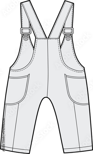 Overall fashion sketch, shoulder straps with buckles, bib front, large pockets, seam and stitching detail, CAD drawing, flat vector illustration