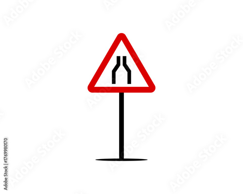 A warning sign indicating that the road ahead narrows from both the left and right sides.
