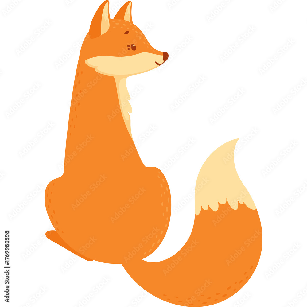 Naklejka premium Stylized Cartoon Fox Sitting In Profile With Orange Fur And Fluffy Tail Against A White Background