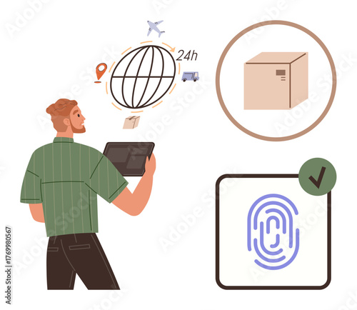 Person using tablet to monitor parcel delivery, global shipping routes, and fingerprint security. Ideal for logistics, shipping, package delivery, e-commerce, authentication, technology