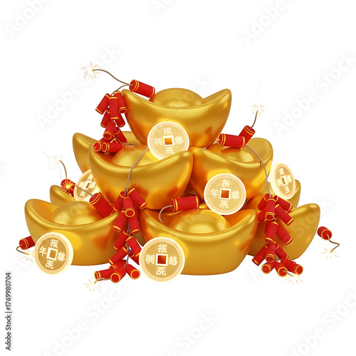 Large pile of gold ingots is decorated with firecrackers and coins symbolizing wealth, fortune, and Lunar New Year prosperity.