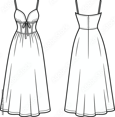 Sleeveless dress technical sketch, fashion cad drawing, drawstring bust detail, fitted bodice design, flared skirt garment, front back view vector template