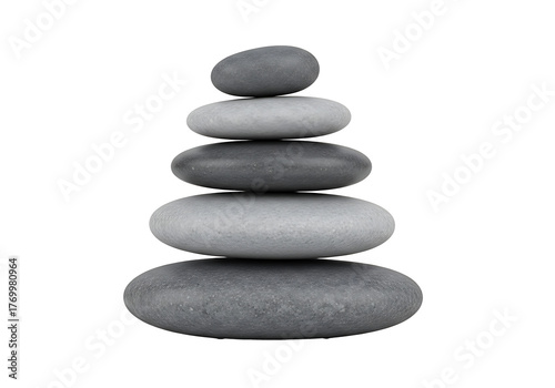 Five smooth river stones are stacked vertically showing balance and stability symbolizing zen meditation practice.
