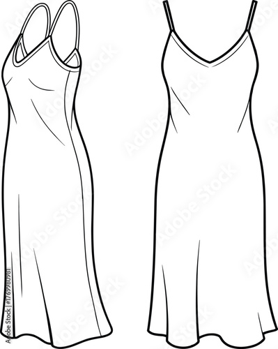 Sleeveless long dress fashion sketch, spaghetti straps, fitted bodice, flared skirt, side and front view, CAD drawing, flat vector illustration