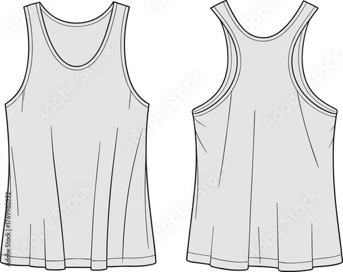 Sleeveless tank top technical sketch, scoop neck, racerback design, garment construction detail, front and back view, CAD drawing, flat vector illustration