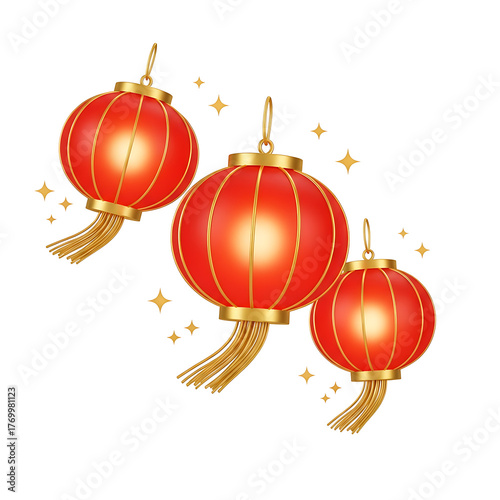 Three glowing red Chinese lanterns hang diagonally decorated with golden tassels and star accents for festive celebration.