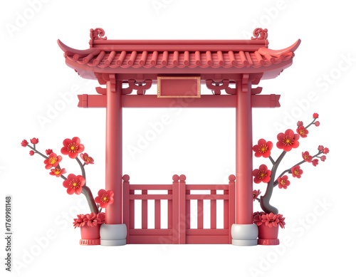 Red Chinese archway is decorated with spring plum blossoms and closed gates for Lunar New Year welcome design.