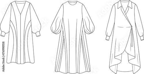 Three dress fashion sketches, bishop sleeves, balloon sleeves, wrap design, princess seams, garment construction detail, CAD drawing, flat vector illustration